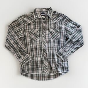 Wrangler Pearl Snap Shirt Mens Size XL Green Maroon Plaid Western Long Sleeve
